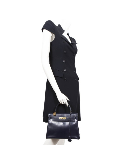 Sac Kelly 28 HERMES en cuir box bleu nuit