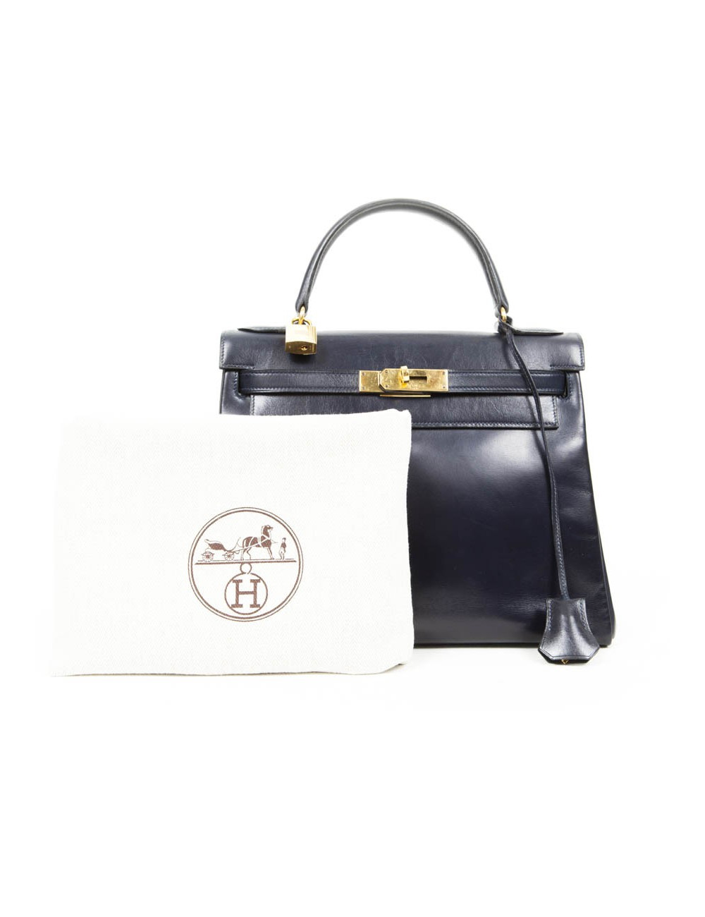 Sac Kelly 28 HERMES en cuir box bleu nuit