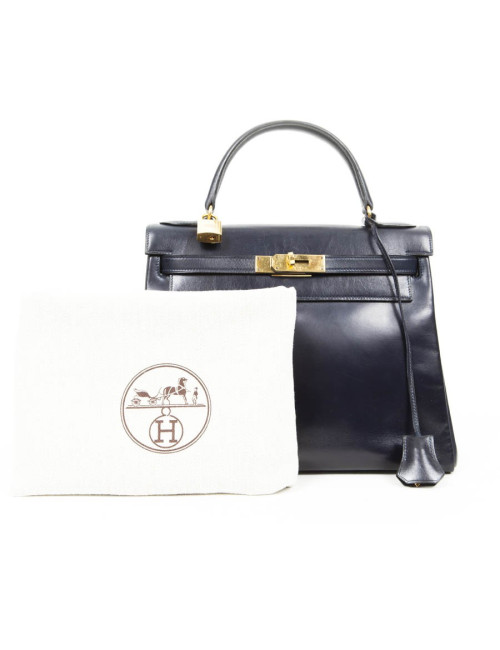 Sac Kelly 28 HERMES en cuir box bleu nuit