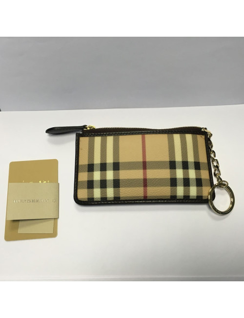 BURBERRY Haymarket Check canvas and brown leather Keyring pouch