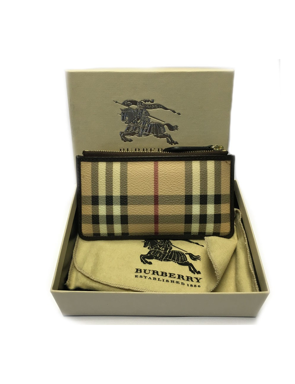 BURBERRY Haymarket Check canvas and brown leather Keyring pouch