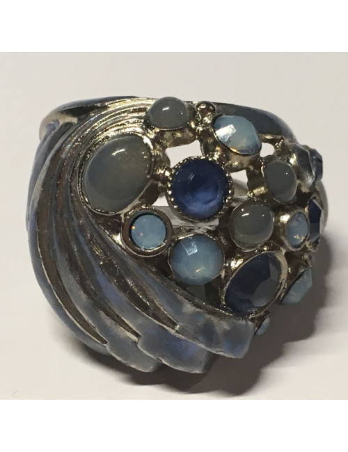 Ring CHANEL couture blue rhinestones and iridescent blue metal