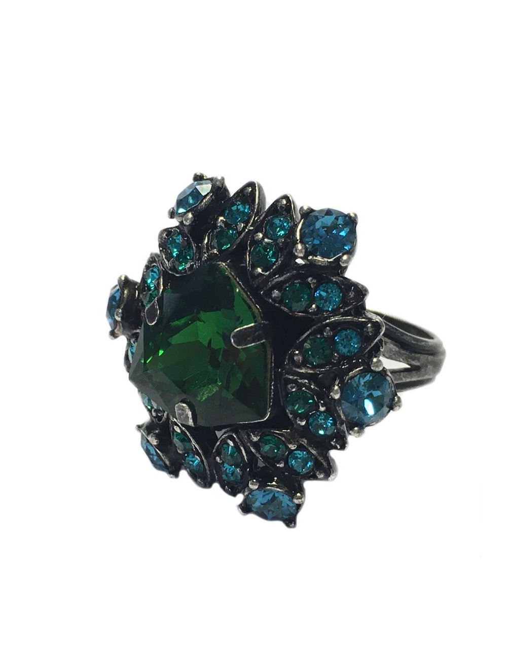 Bague LANVIN T 55 en métal argenté et strass bleu et vert