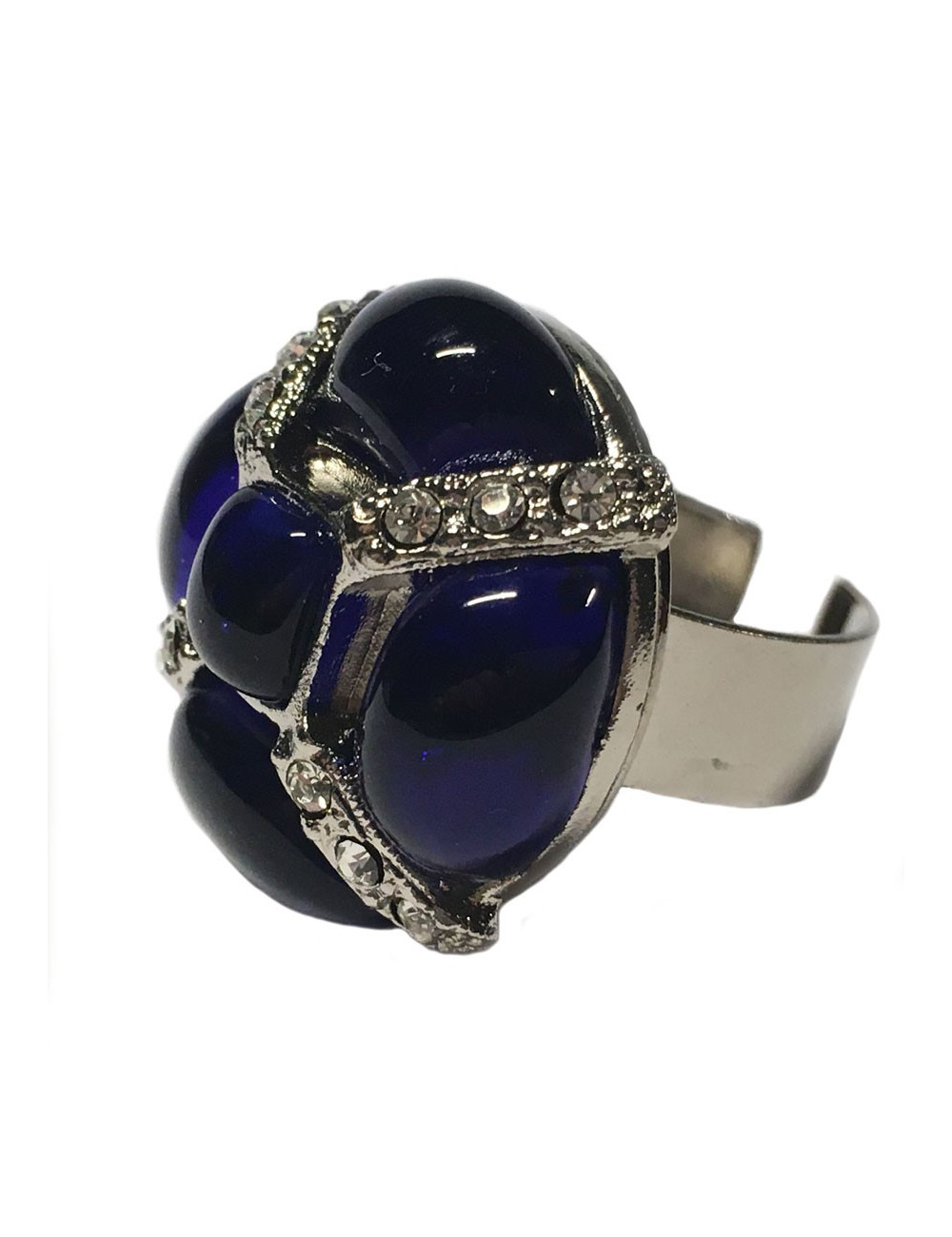 Bague CHANEL haute couture en strass blanc et pierre bleue nuit