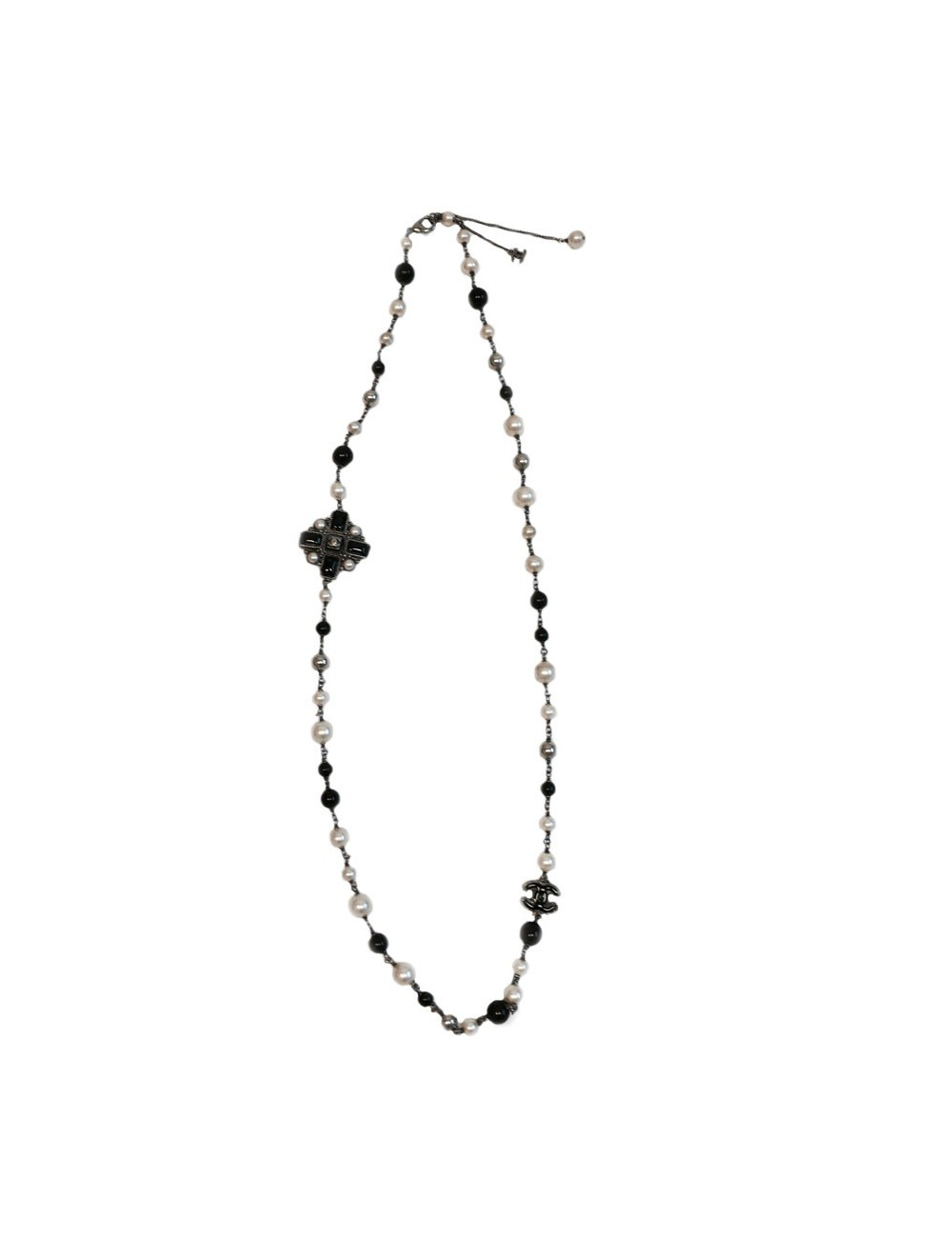 Sautoir CHANEL perles noires, blanches et grises