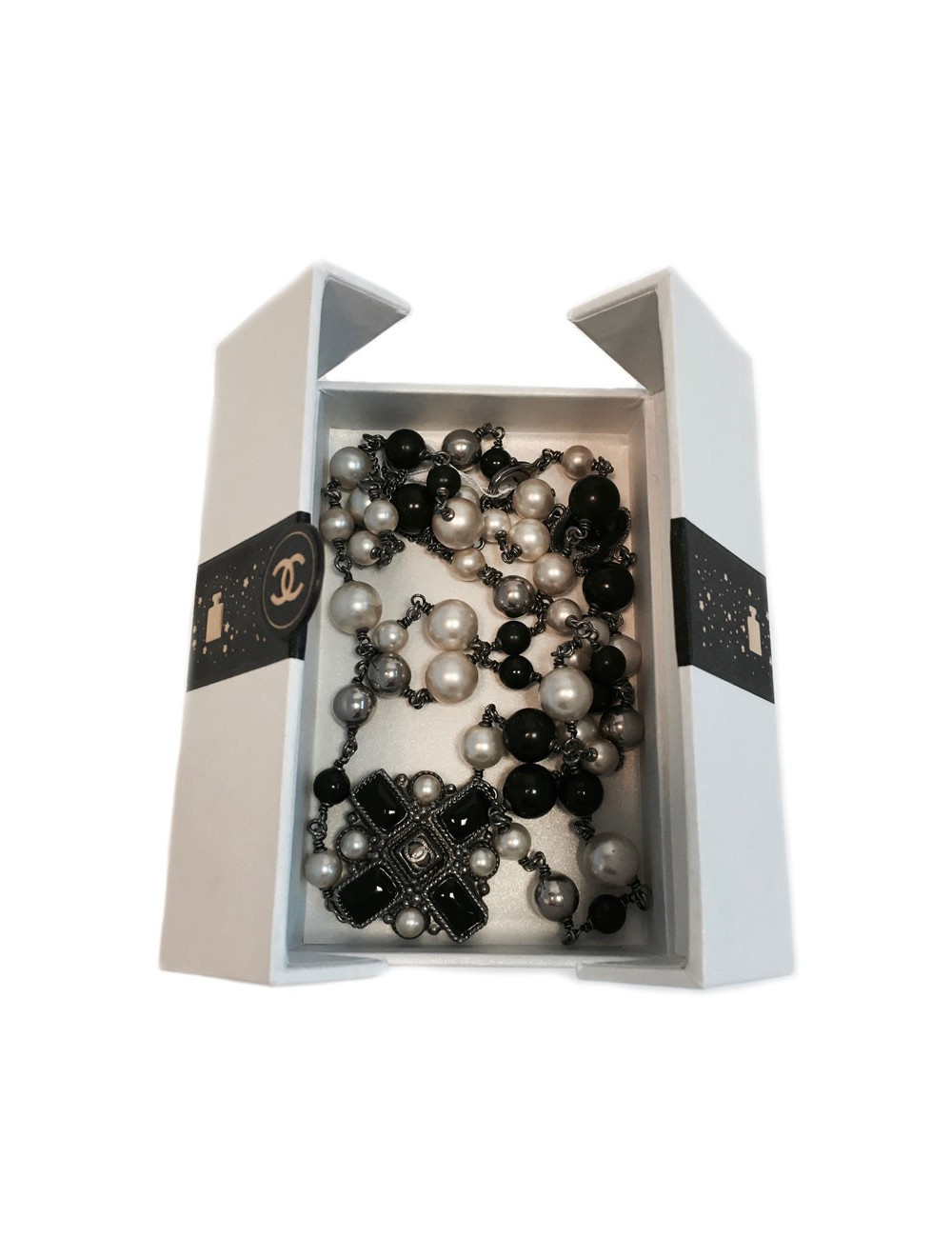 Sautoir CHANEL perles noires, blanches et grises