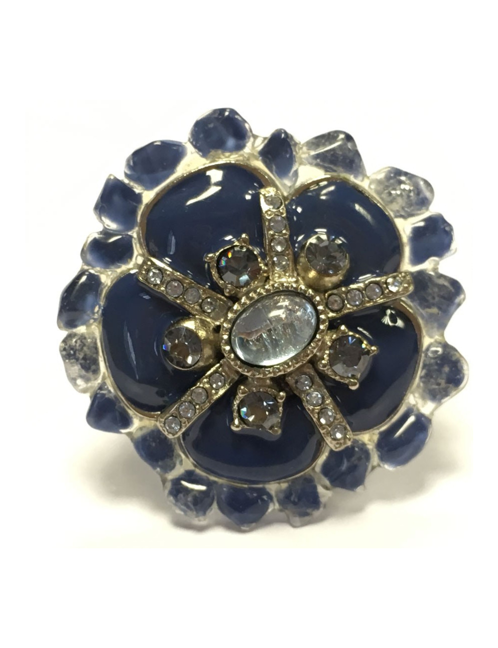 Bague CHANEL haute couture T 52 argentée, strass et résine bleue