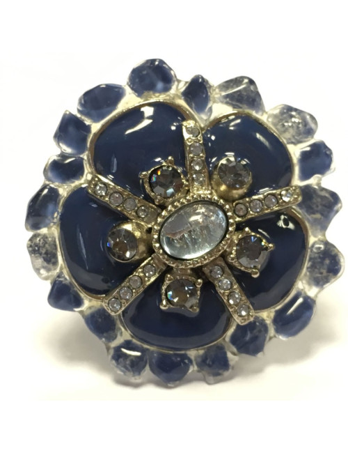 Bague CHANEL haute couture T 52 argentée, strass et résine bleue