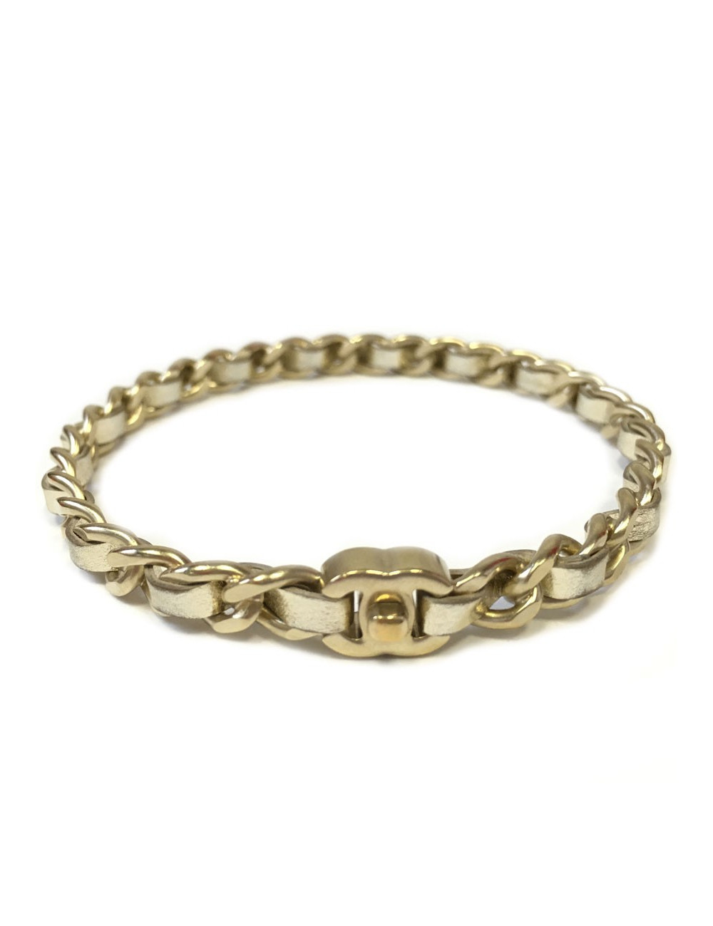 CHANEL bracelet leather interlaced gold metal