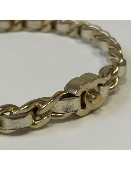 CHANEL bracelet leather interlaced gold metal