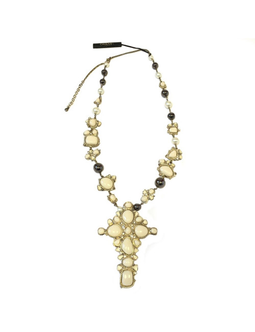 CHANEL ivory enamelled cross necklace, rhinestones and pearls, pearly and gray metallic