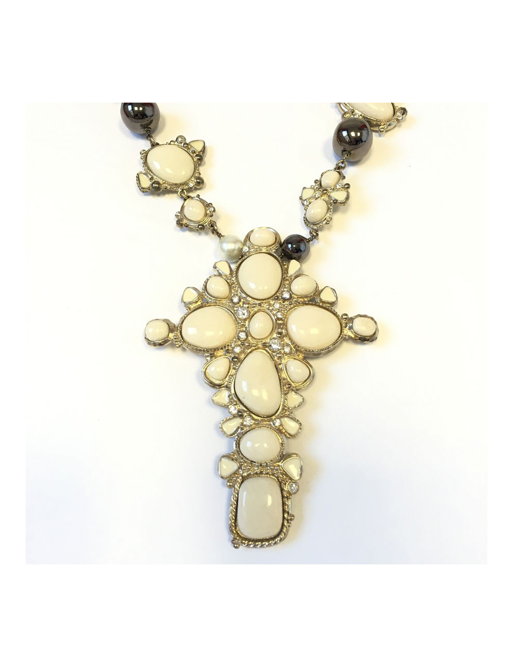 CHANEL ivory enamelled cross necklace, rhinestones and pearls, pearly and gray metallic