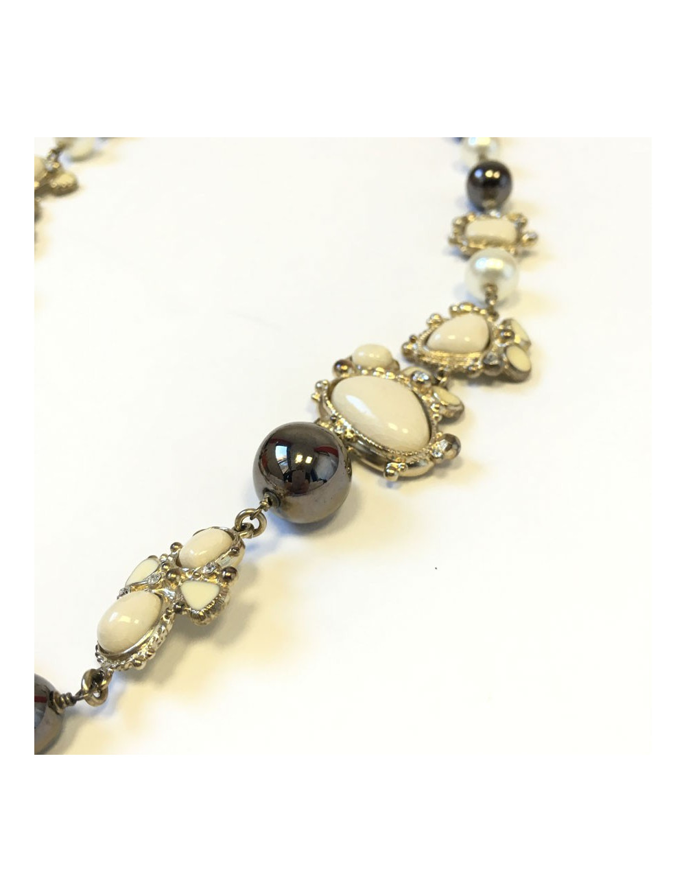 CHANEL ivory enamelled cross necklace, rhinestones and pearls, pearly and gray metallic