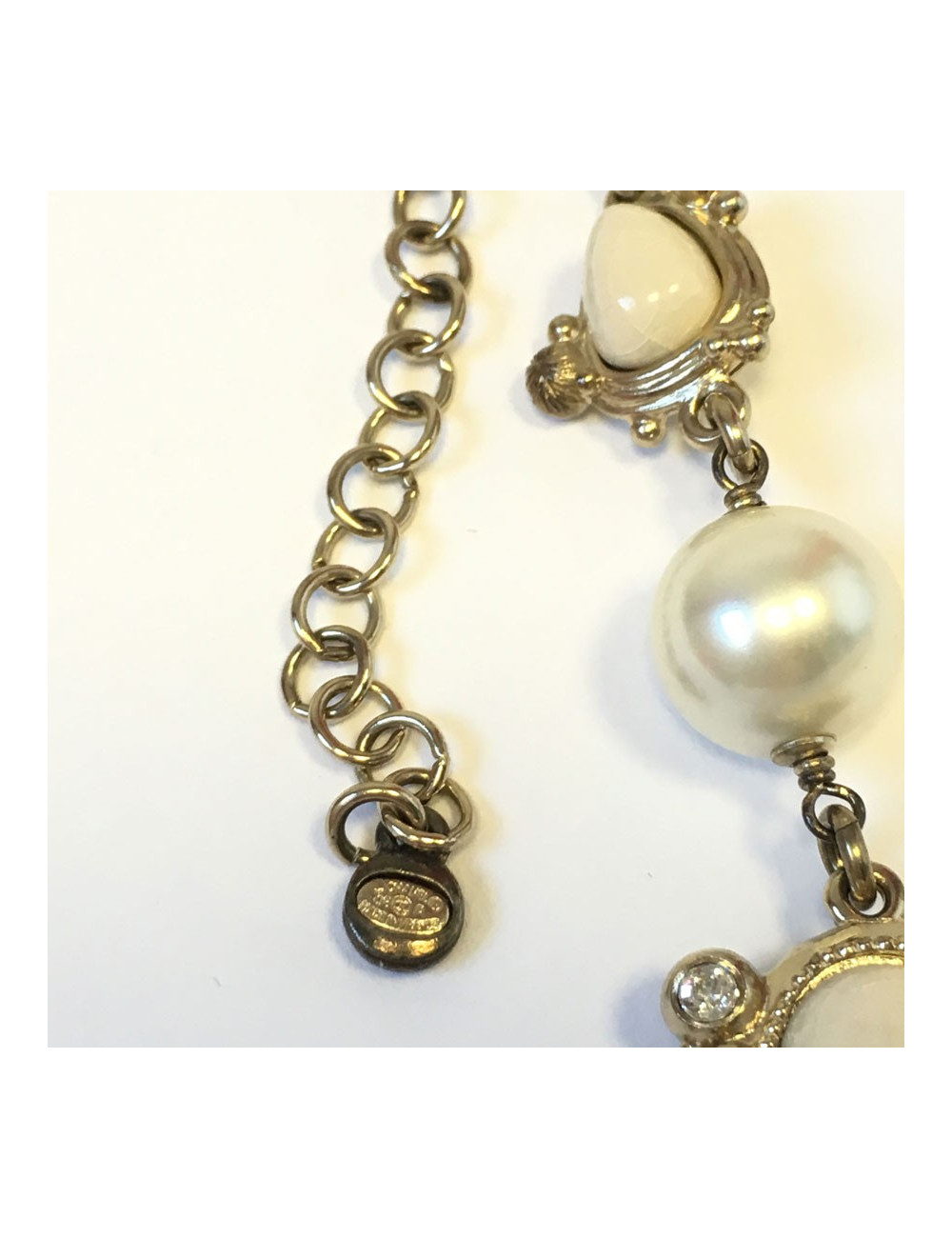 CHANEL ivory enamelled cross necklace, rhinestones and pearls, pearly and gray metallic