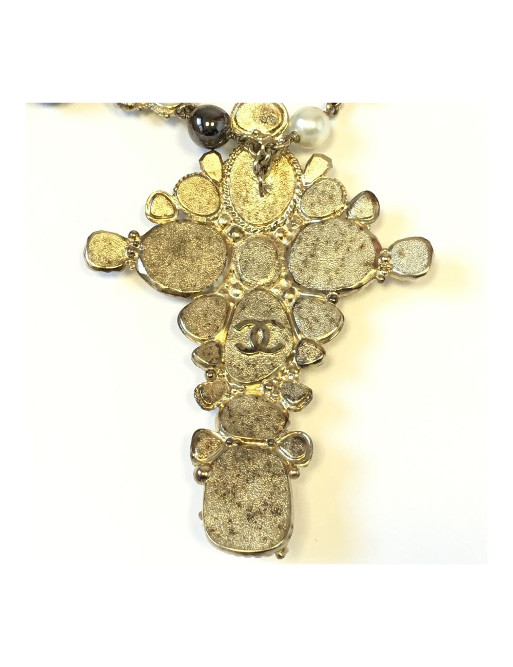 CHANEL ivory enamelled cross necklace, rhinestones and pearls, pearly and gray metallic