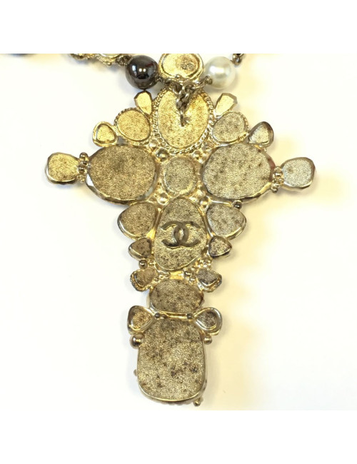CHANEL ivory enamelled cross necklace, rhinestones and pearls, pearly and gray metallic