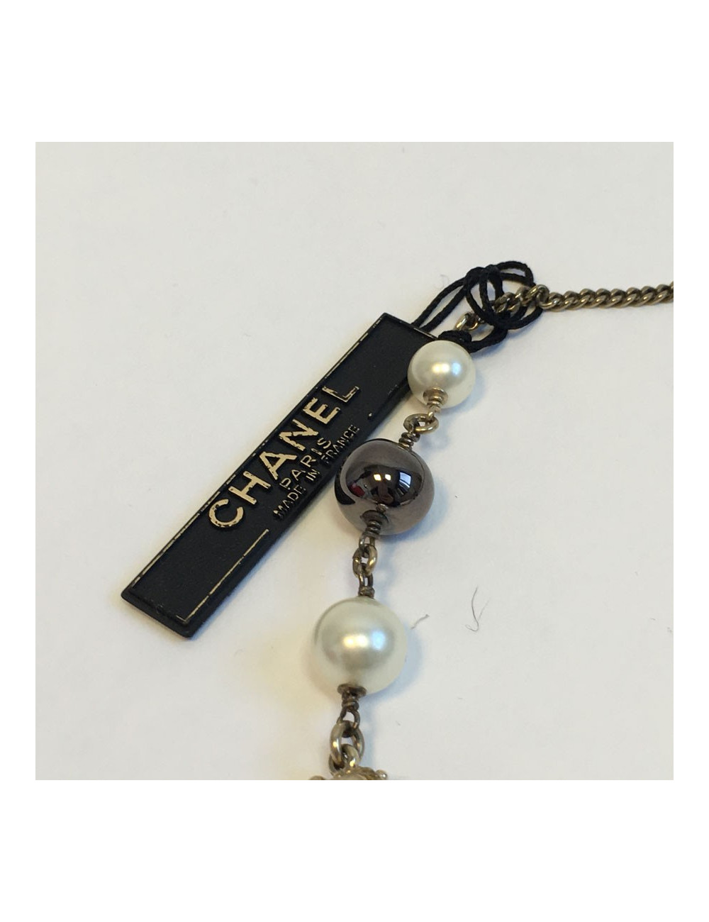CHANEL ivory enamelled cross necklace, rhinestones and pearls, pearly and gray metallic