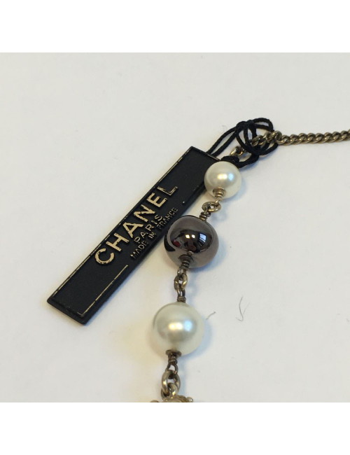 CHANEL ivory enamelled cross necklace, rhinestones and pearls, pearly and gray metallic