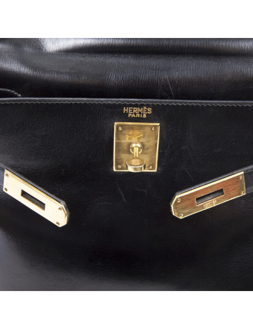 Sac kelly 28 HERMES cuir box noir Vintage