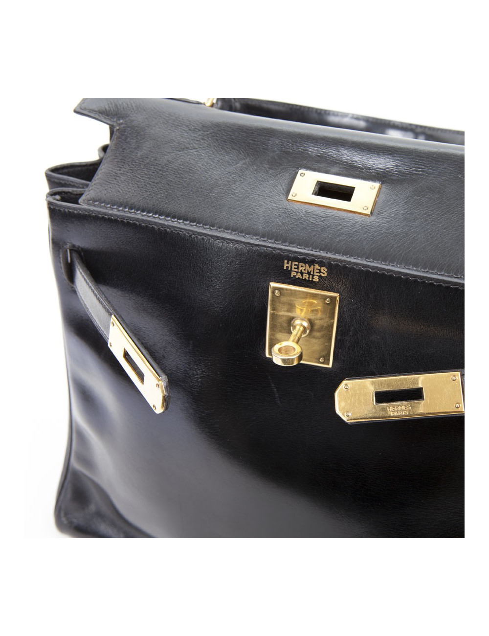 Sac kelly 28 HERMES cuir box noir Vintage