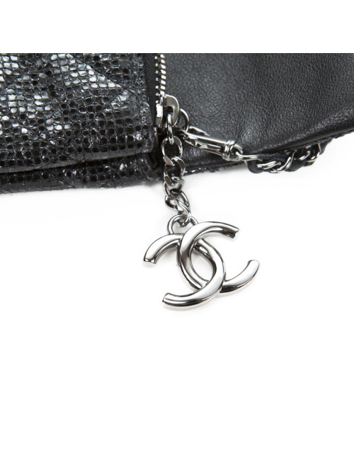 CHANEL quilted shiny black leather pouch