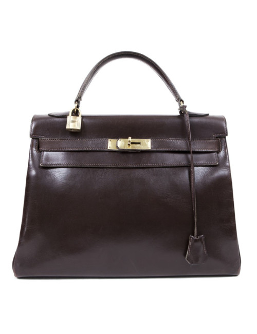 Sac Kelly 32 HERMES cuir box marron Vintage