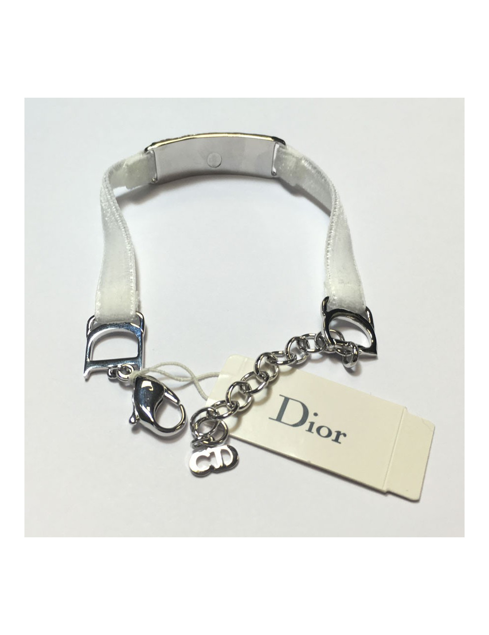 DIOR silver metal and white velvet Ribbon Bracelet