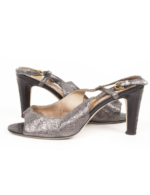 Sandales CHANEL T39 cuir vieilli brillant noir 