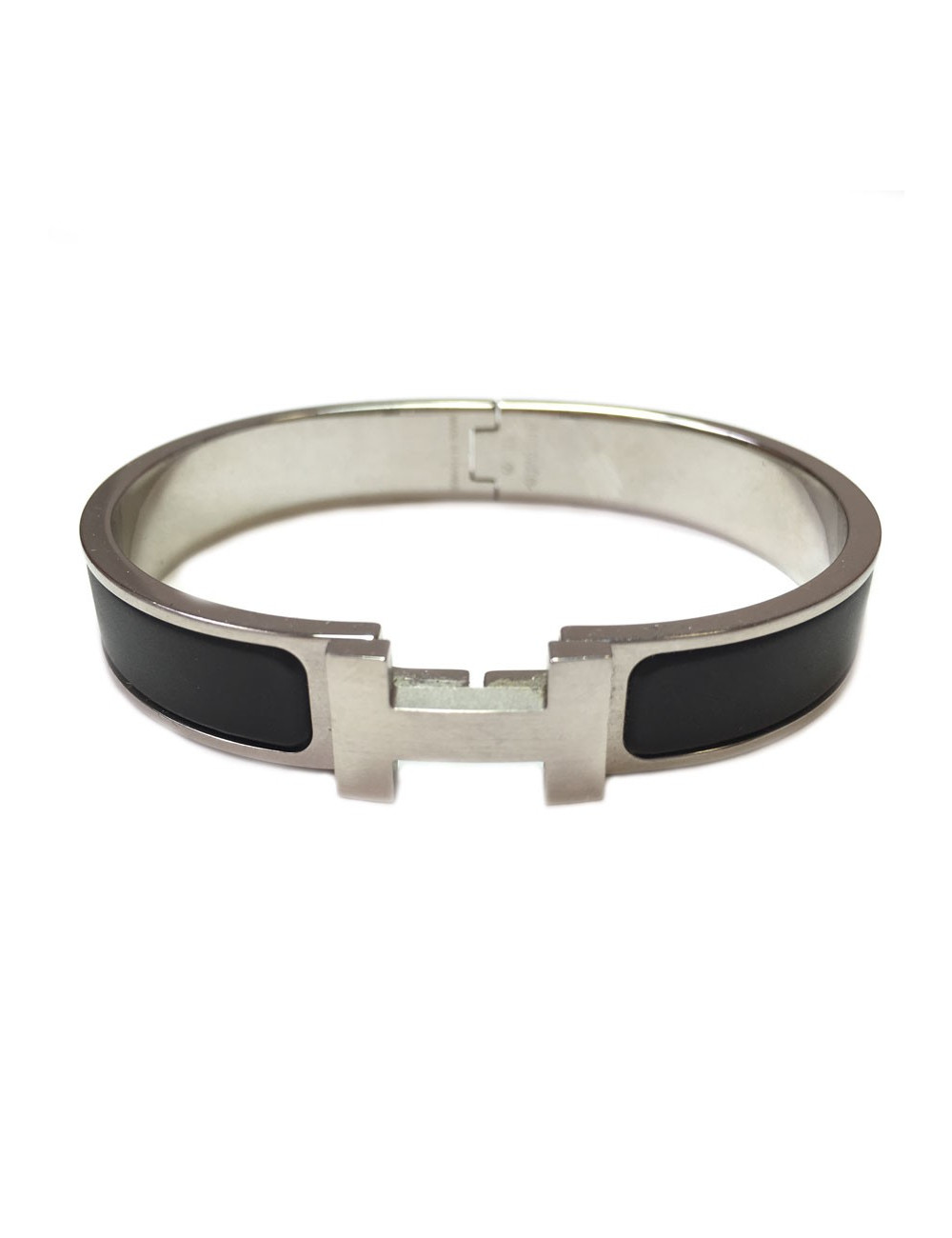 Bracelet clic H HERMES en émail noir mat et palladié mat brossé