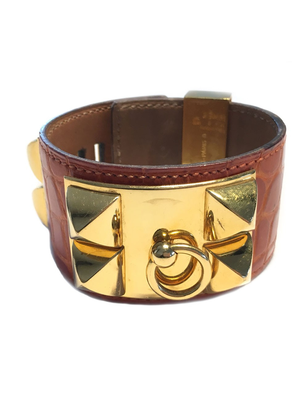 Manchette Médor HERMES en crocodile orange et bijouterie dorée