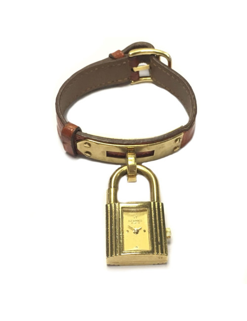 Montre HERMES Kelly pm en cuir crocodile orange et bijouterie dorée