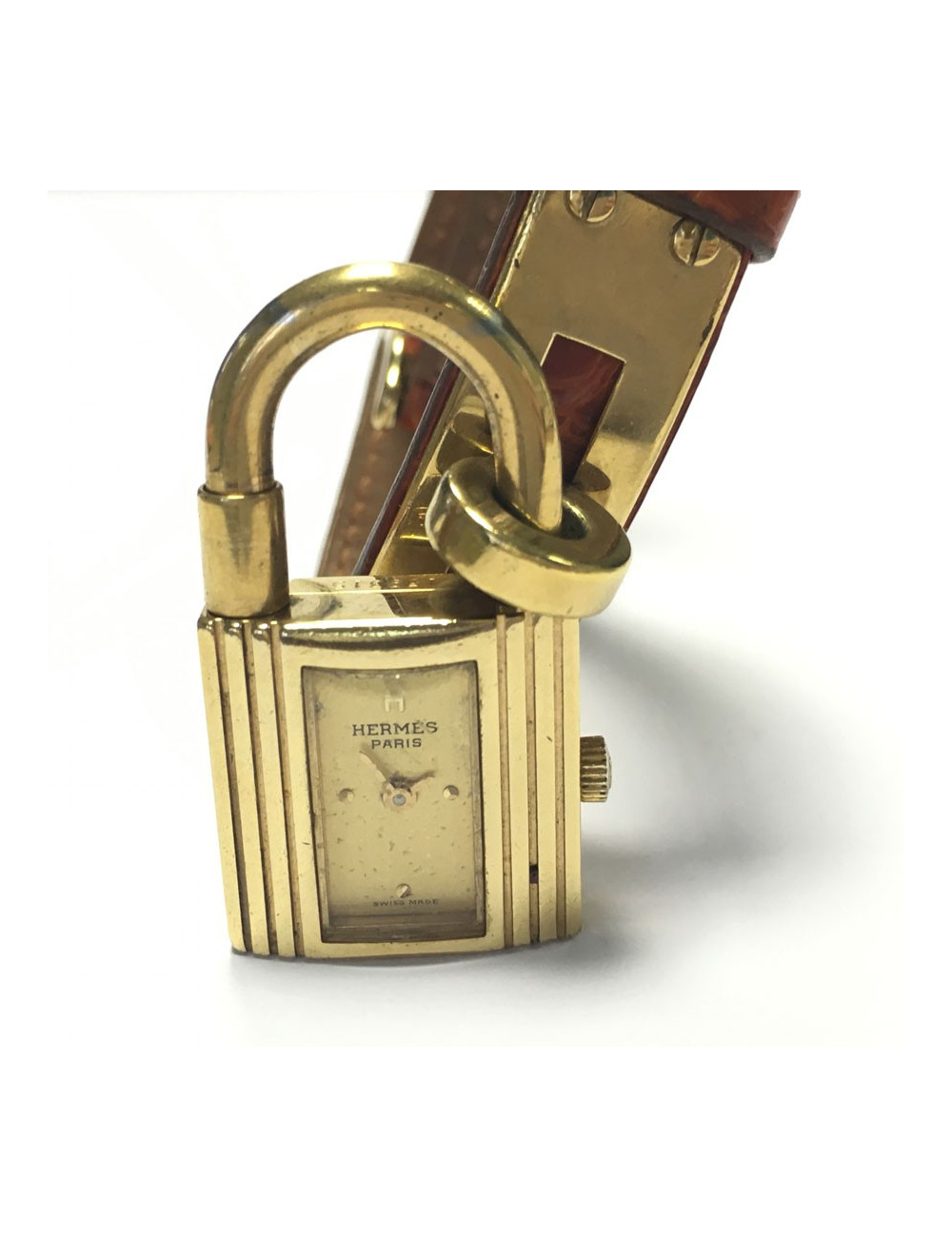 HERMES Kelly watch with ora,ge crocodile bracelet and gilded hardware