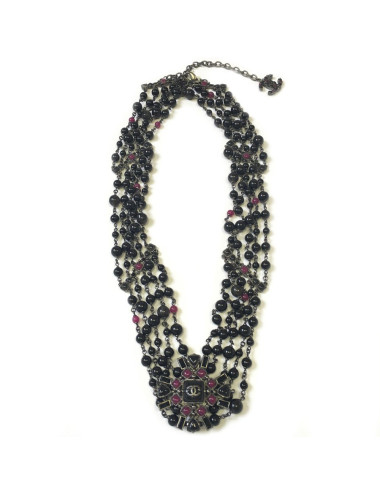XXX Ceinture CHANEL 5 rangs de perles noires et chaîne argentée