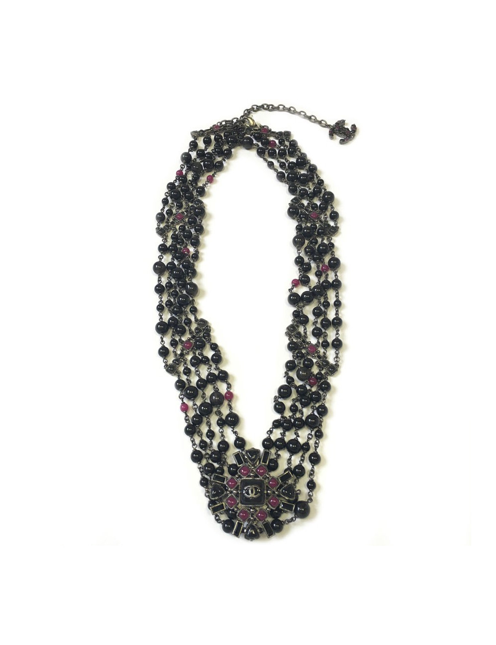 Ceinture CHANEL 5 rangs de perles noires et chaîne argentée