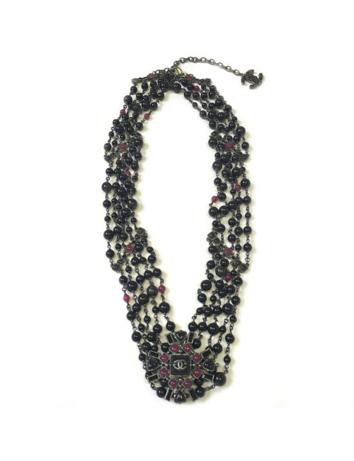 XXX Ceinture CHANEL 5 rangs de perles noires et chaîne argentée