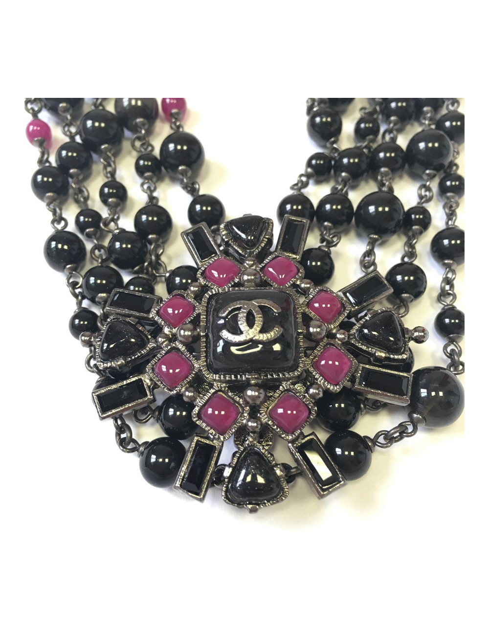 Ceinture CHANEL 5 rangs de perles noires et chaîne argentée