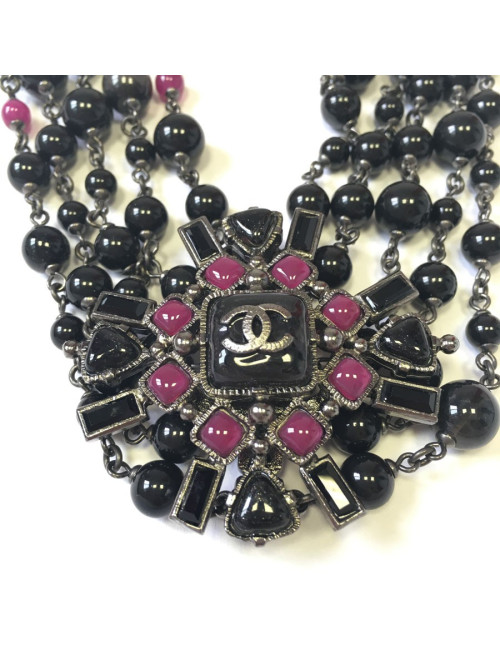 Ceinture CHANEL 5 rangs de perles noires et chaîne argentée