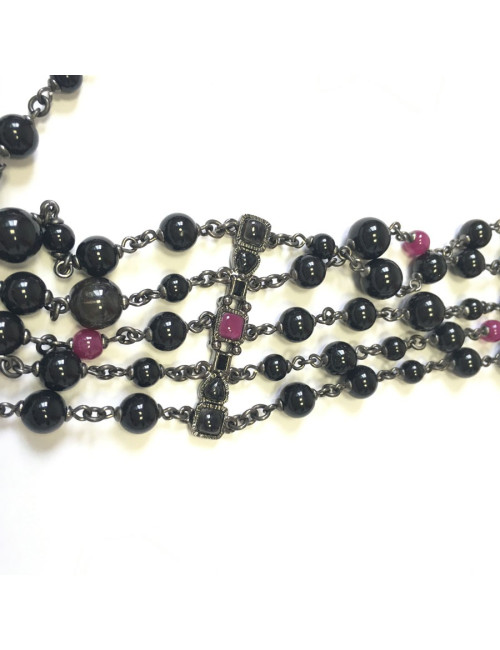 XXX Ceinture CHANEL 5 rangs de perles noires et chaîne argentée