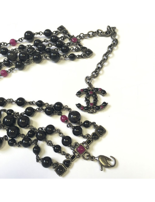 XXX Ceinture CHANEL 5 rangs de perles noires et chaîne argentée