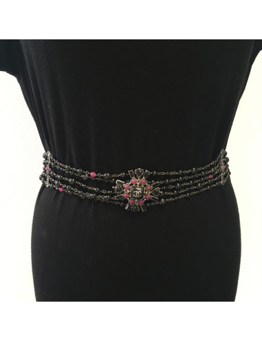 Ceinture CHANEL 5 rangs de perles noires et chaîne argentée 2