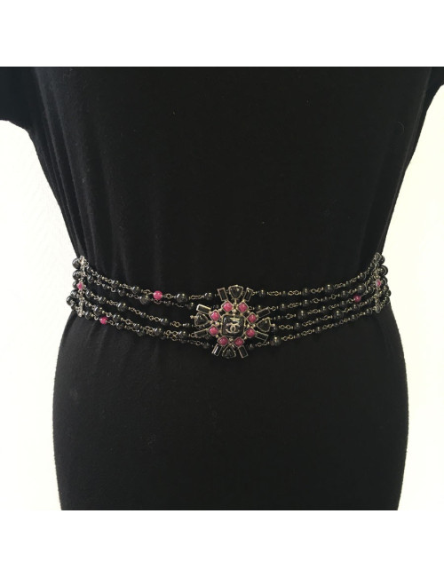 Ceinture CHANEL 5 rangs de perles noires et chaîne argentée