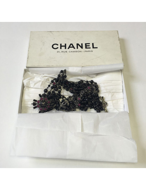 Ceinture CHANEL 5 rangs de perles noires et chaîne argentée
