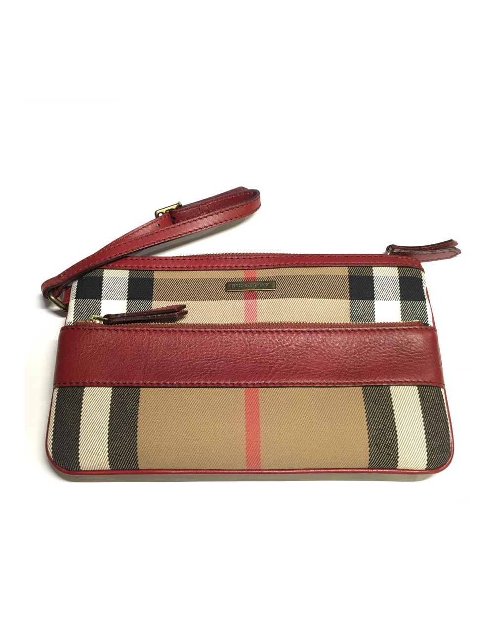 Pochette BURBERRY Haymarket Check en toile et cuir bordeaux