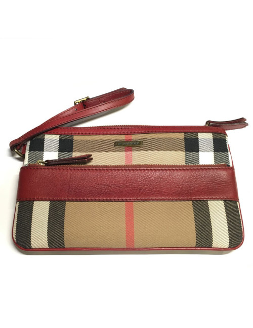 Pochette BURBERRY Haymarket Check en toile et cuir bordeaux
