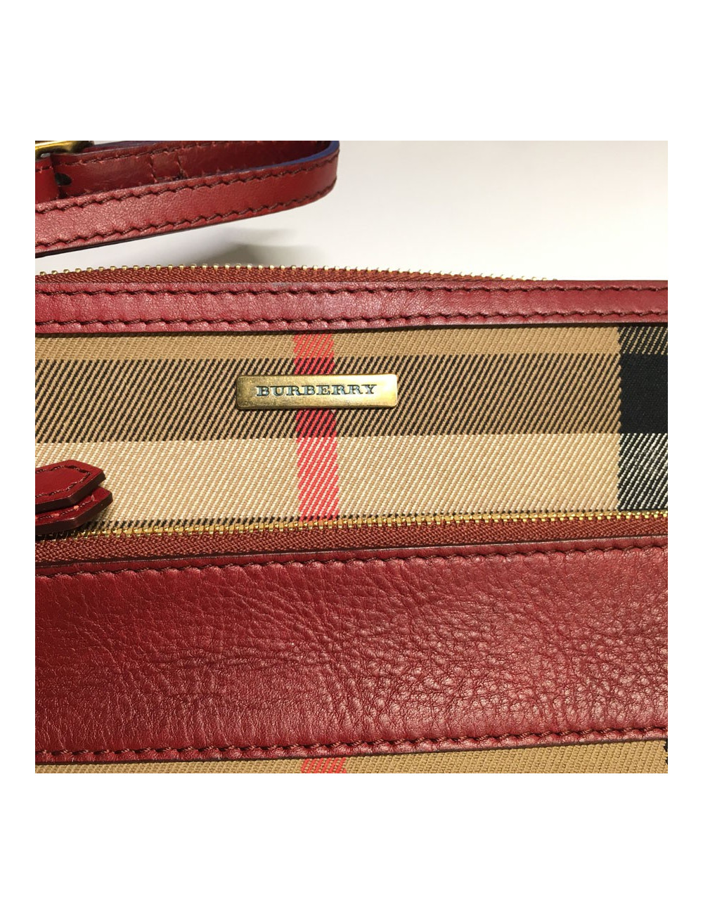 Pochette BURBERRY Haymarket Check en toile et cuir bordeaux