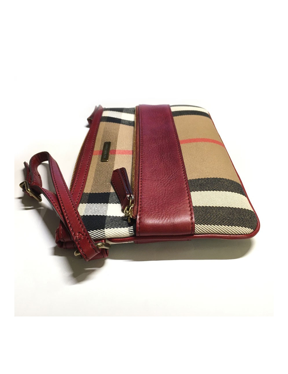 BURBERRY Haymarket Check wallet in canvas and Burgundy leather