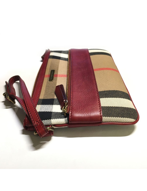 Pochette BURBERRY Haymarket Check en toile et cuir bordeaux