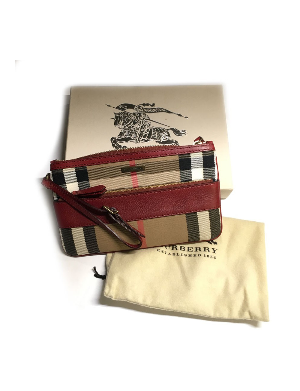 Pochette BURBERRY Haymarket Check en toile et cuir bordeaux