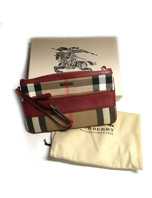 Pochette BURBERRY Haymarket Check en toile et cuir bordeaux