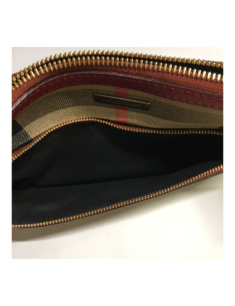 BURBERRY Haymarket Check wallet in canvas and Burgundy leather